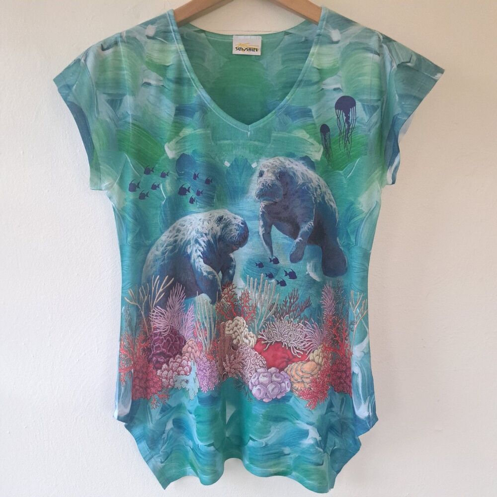 Sunshirt Manatee Coral Reef Sea Print Short Sleeve Shirt Top Small Vacation Wear